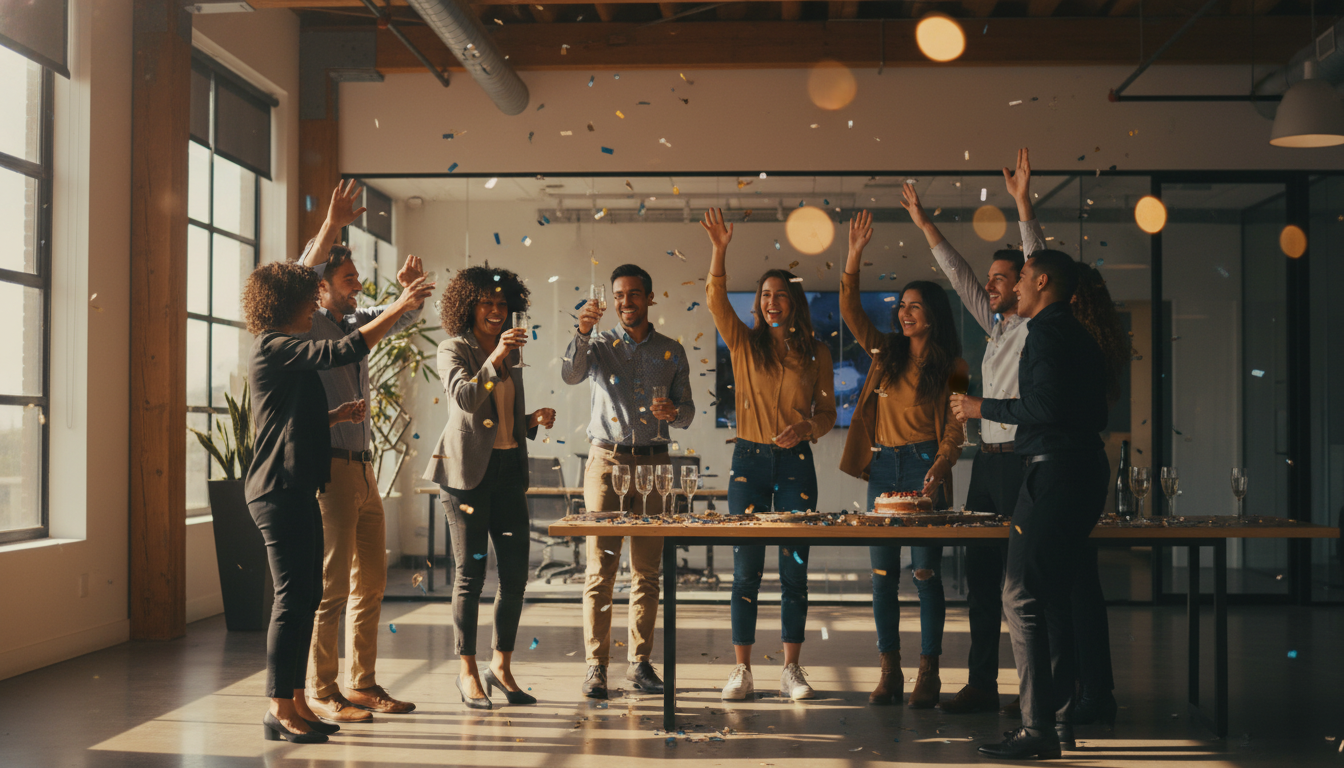 Team celebrating achievement at modern office event
